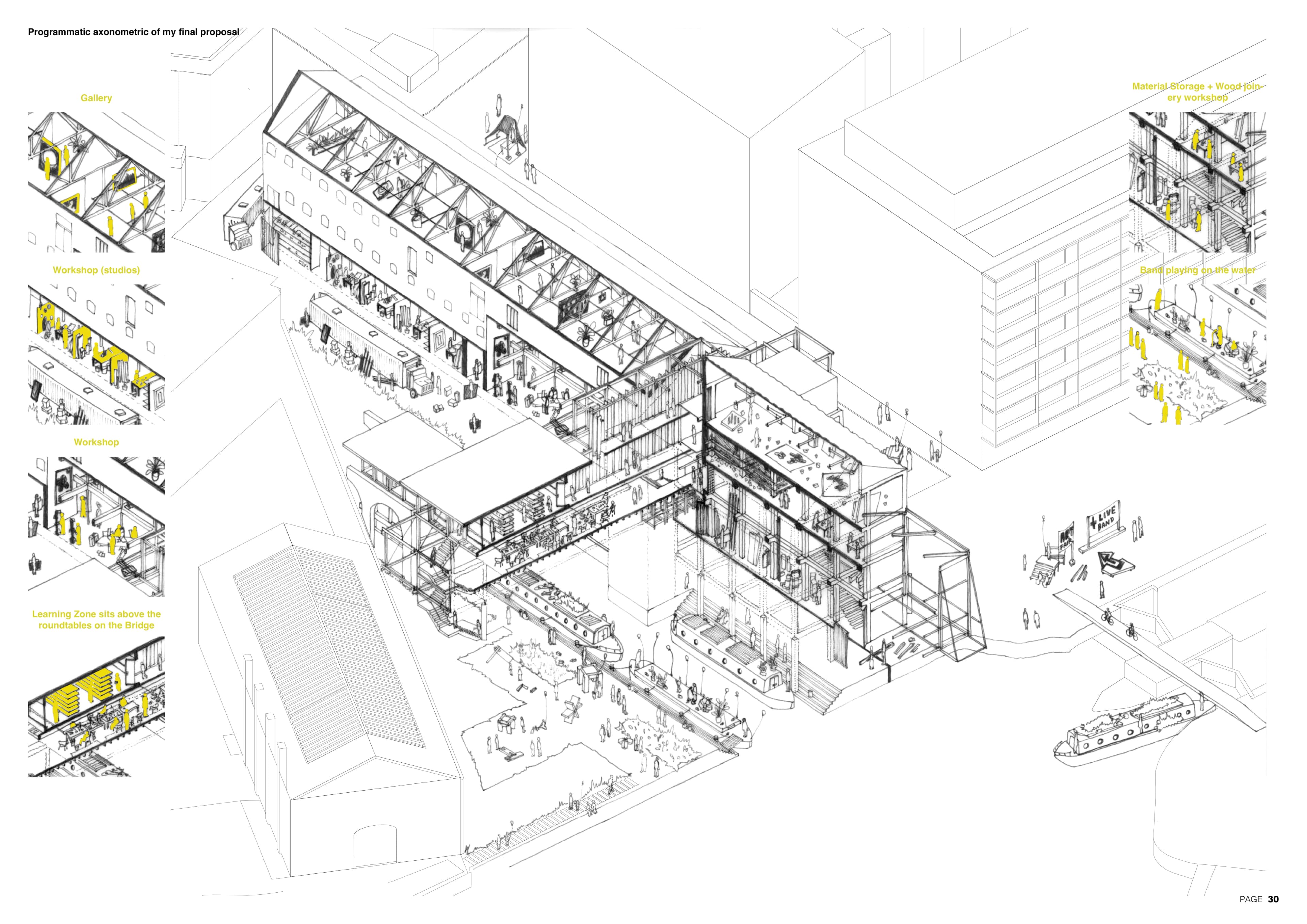 Architecture portfolio spread developing the programme of the final proposal