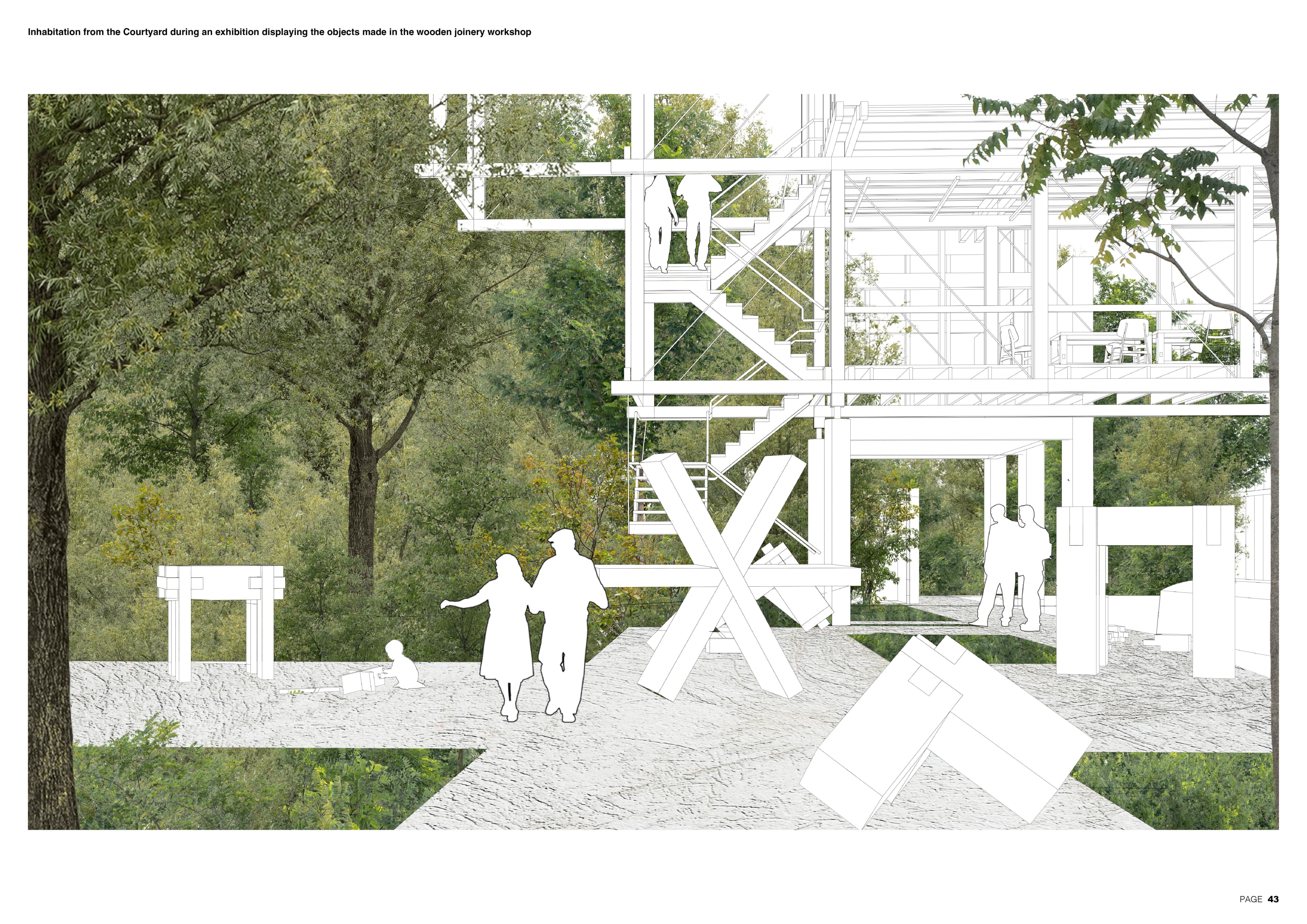 Architecture portfolio visual showing the proposal inhabited from the courtyard