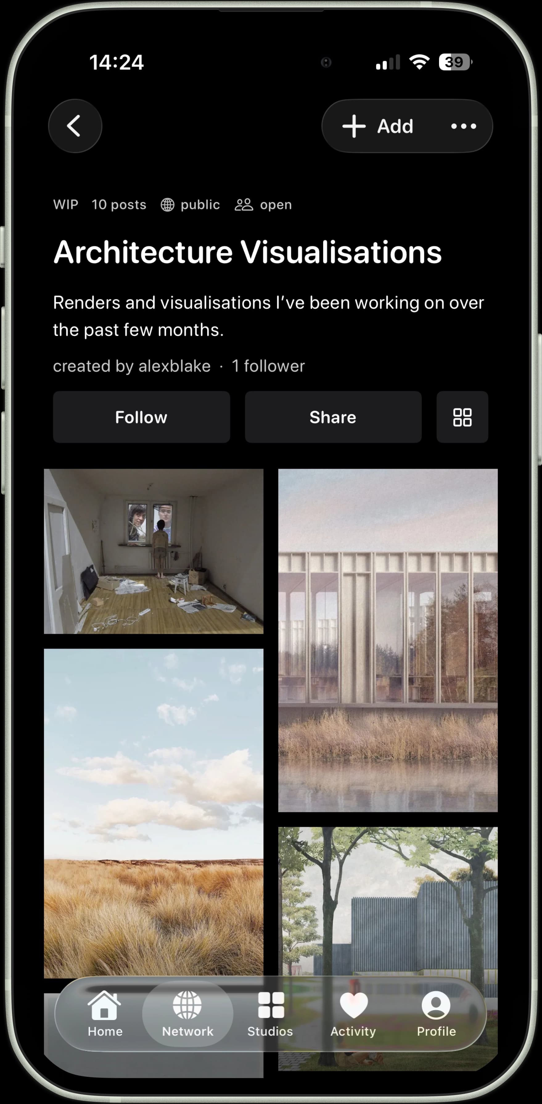 Architecture visualisation Studio showing renders and project imagery