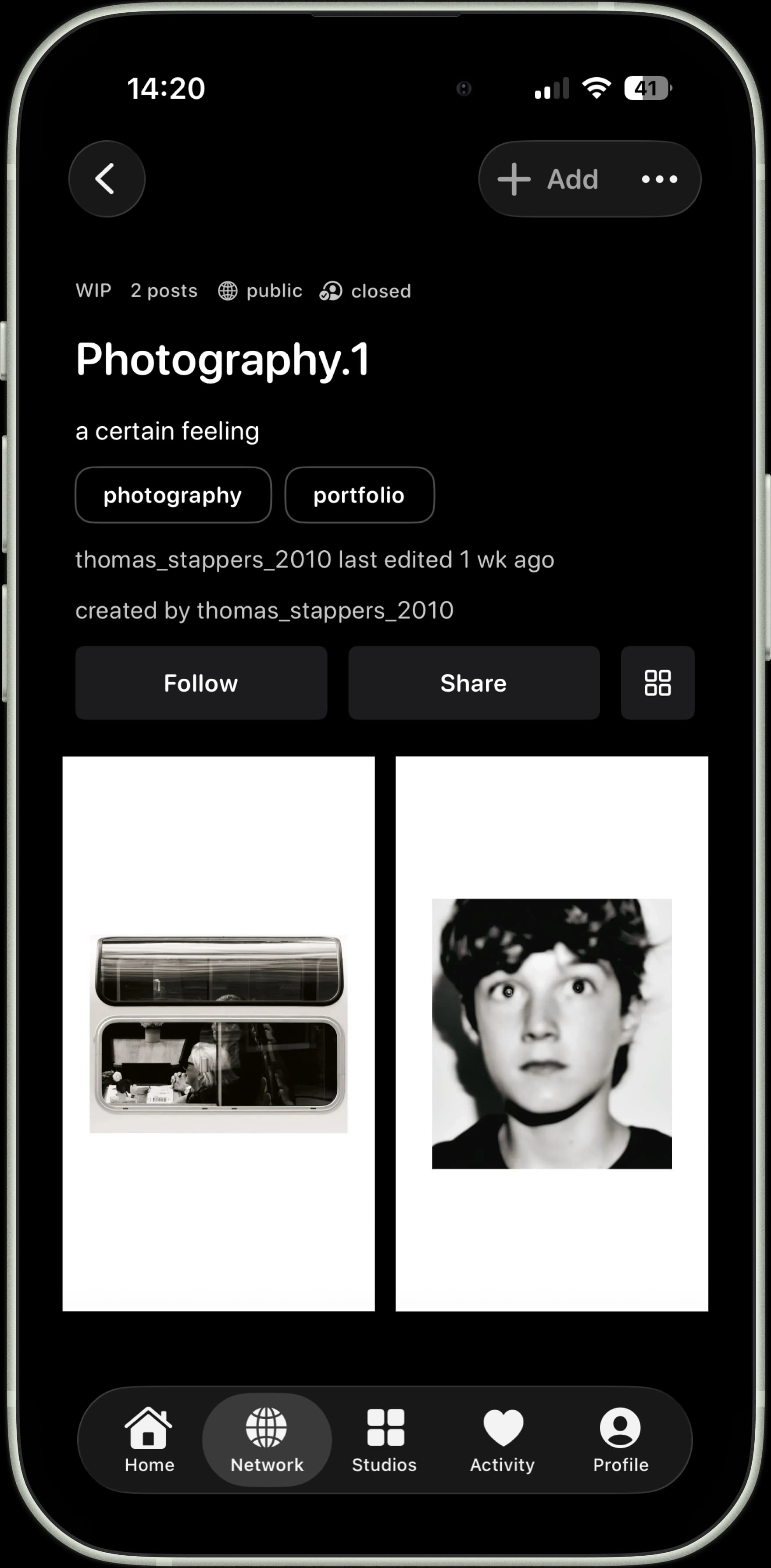 Photography Studio showing a black and white image selection
