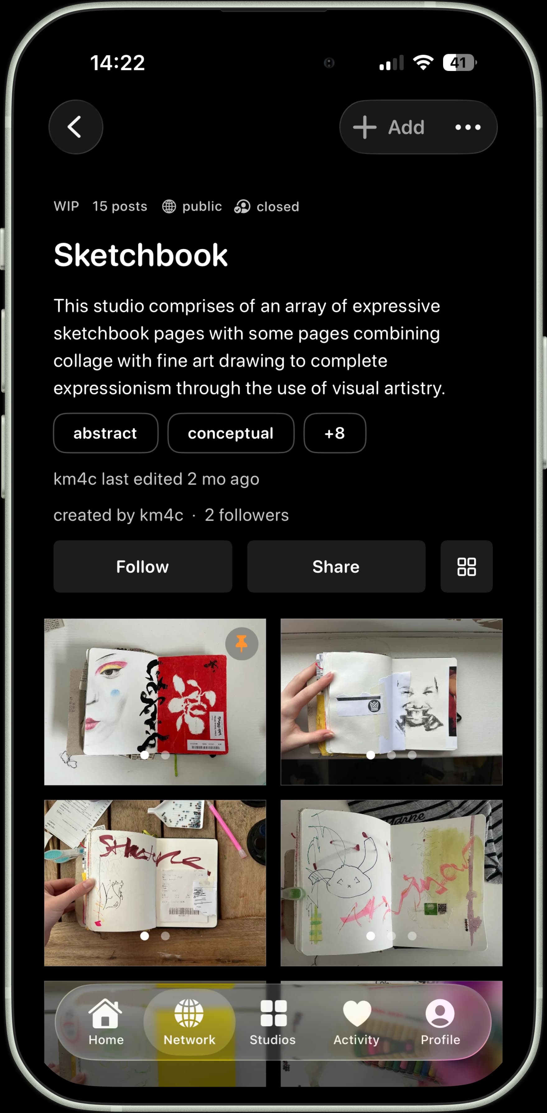 Sketchbook Studio showing expressive pages, drawings and collage