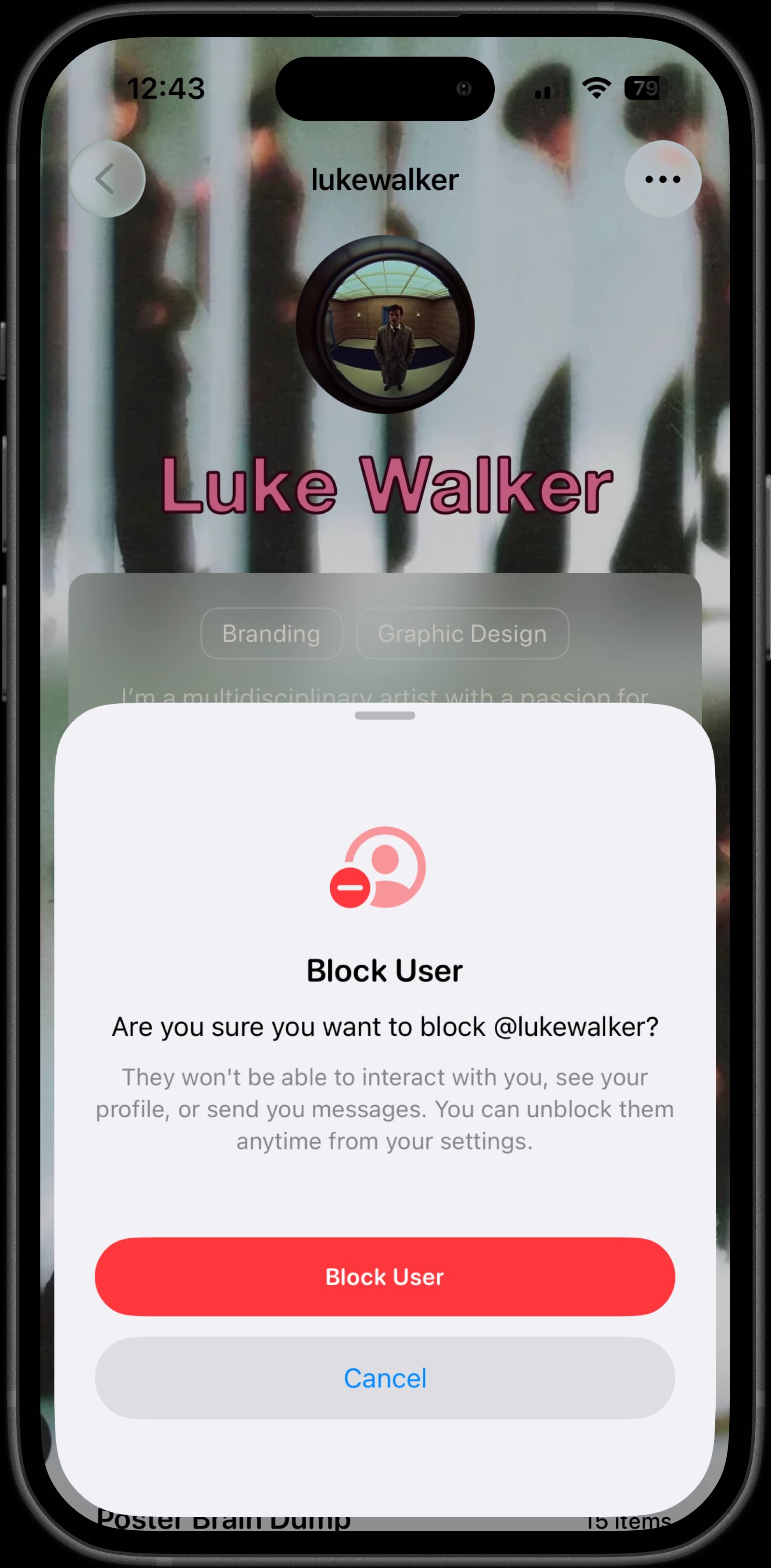 Block user interface showing account blocking options