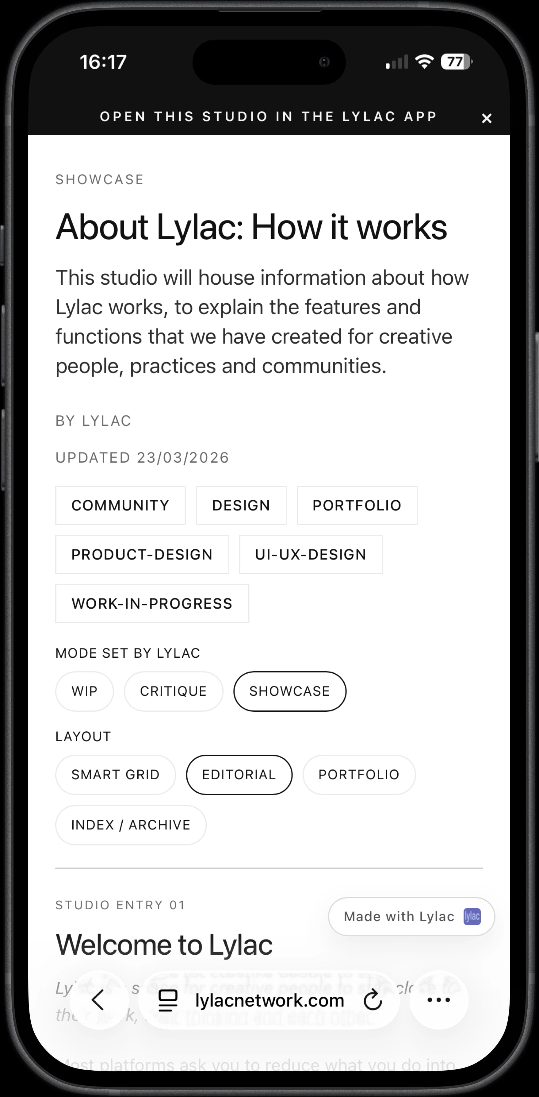 Studio viewed in web browser showing how studios work as shareable portfolio pages