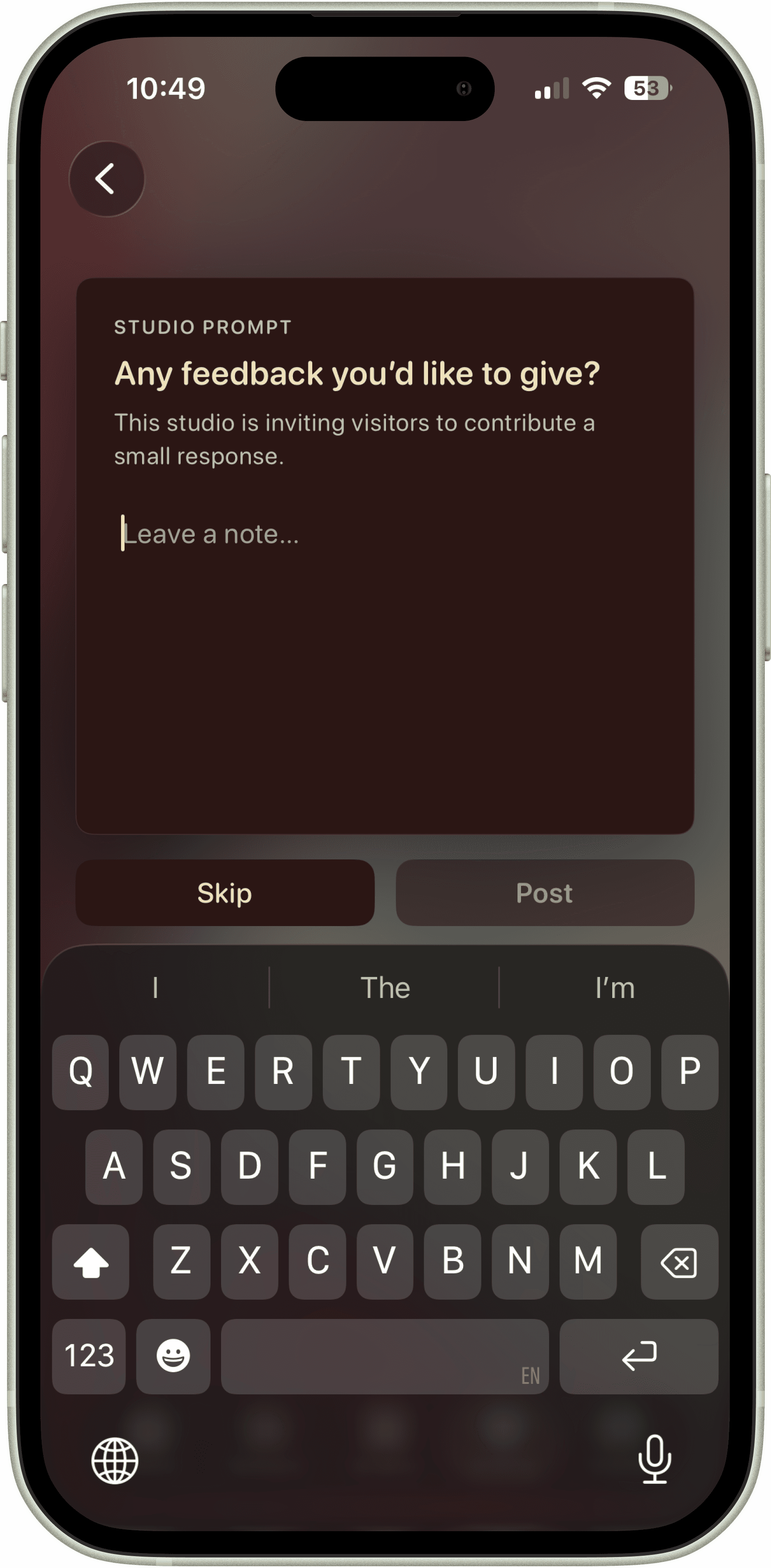 A personalised prompt inviting a visitor to leave feedback before entering a Lylac studio.
