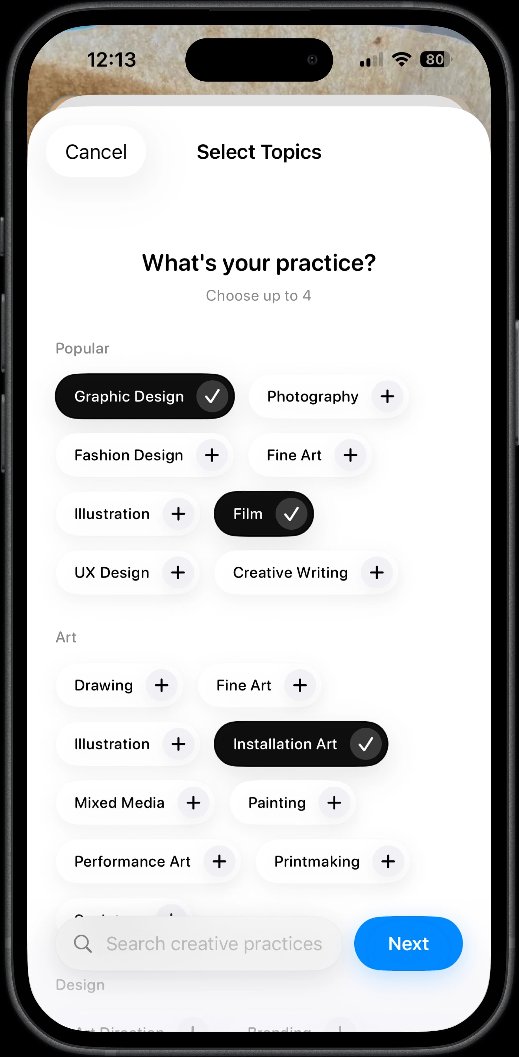 Profile page showing how to add creative skills to your profile