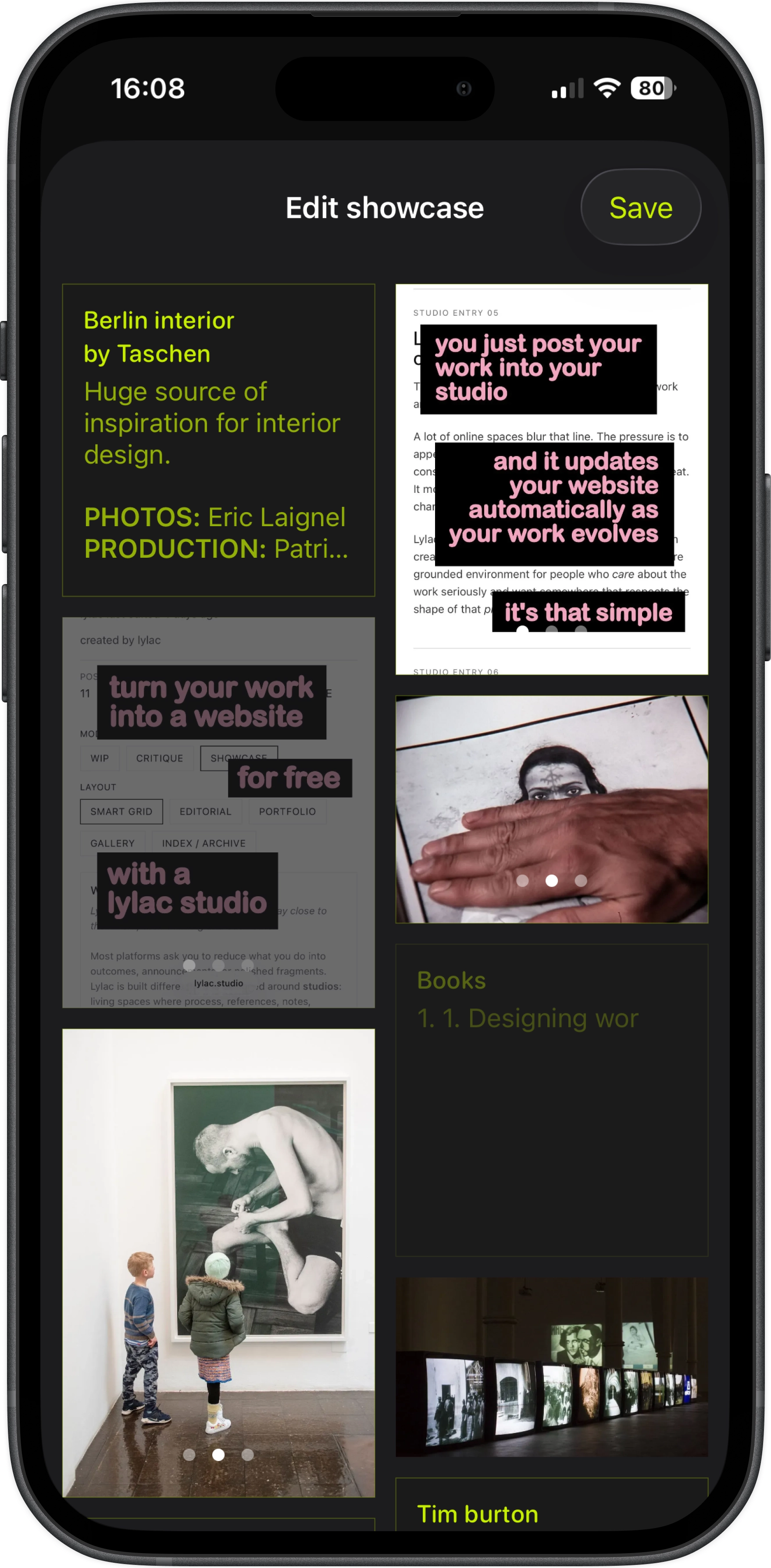 Studio edit interface for highlighting specific posts and customizing showcase mode