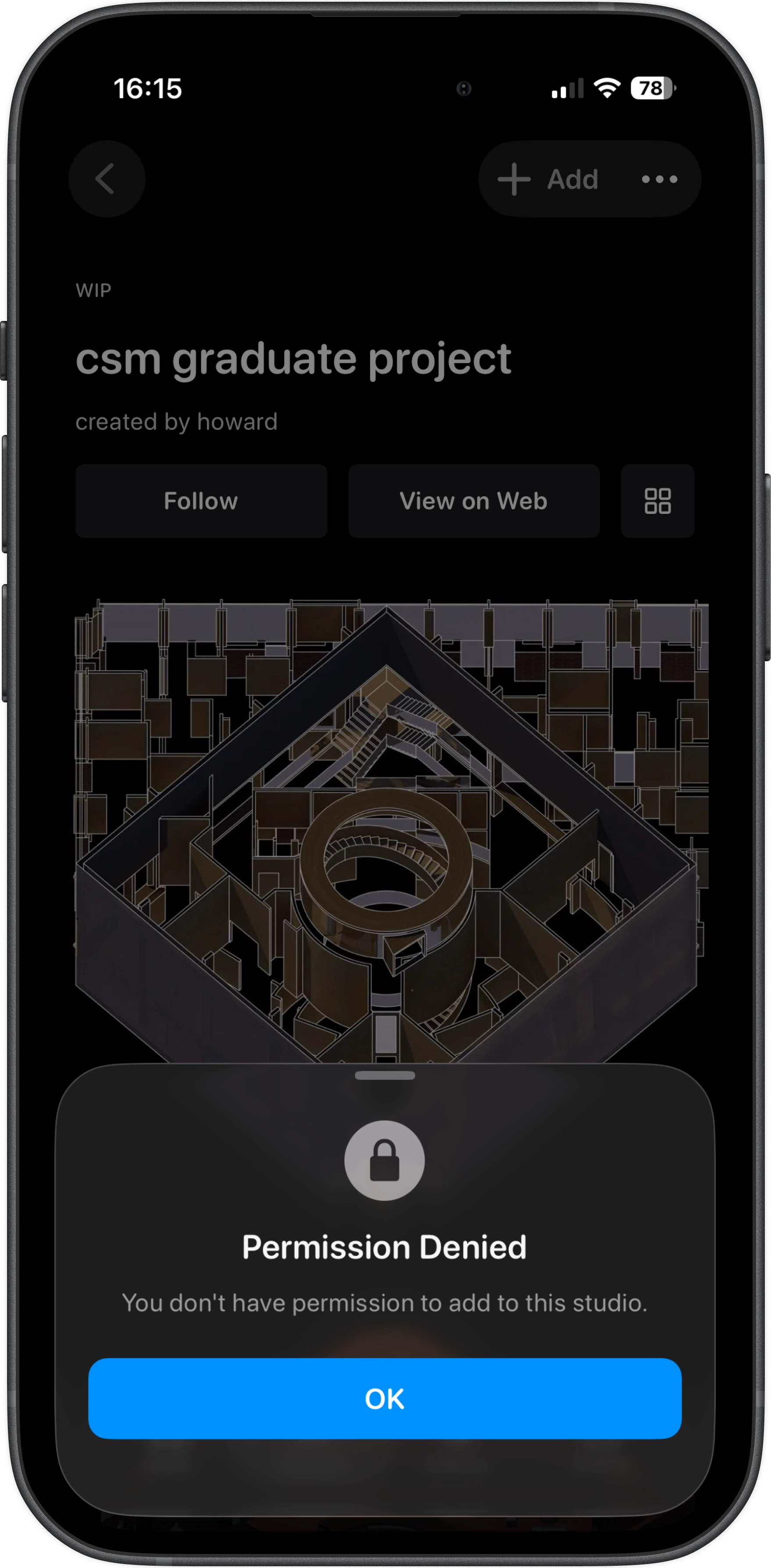 Studio access control showing permission denied message when trying to add posts