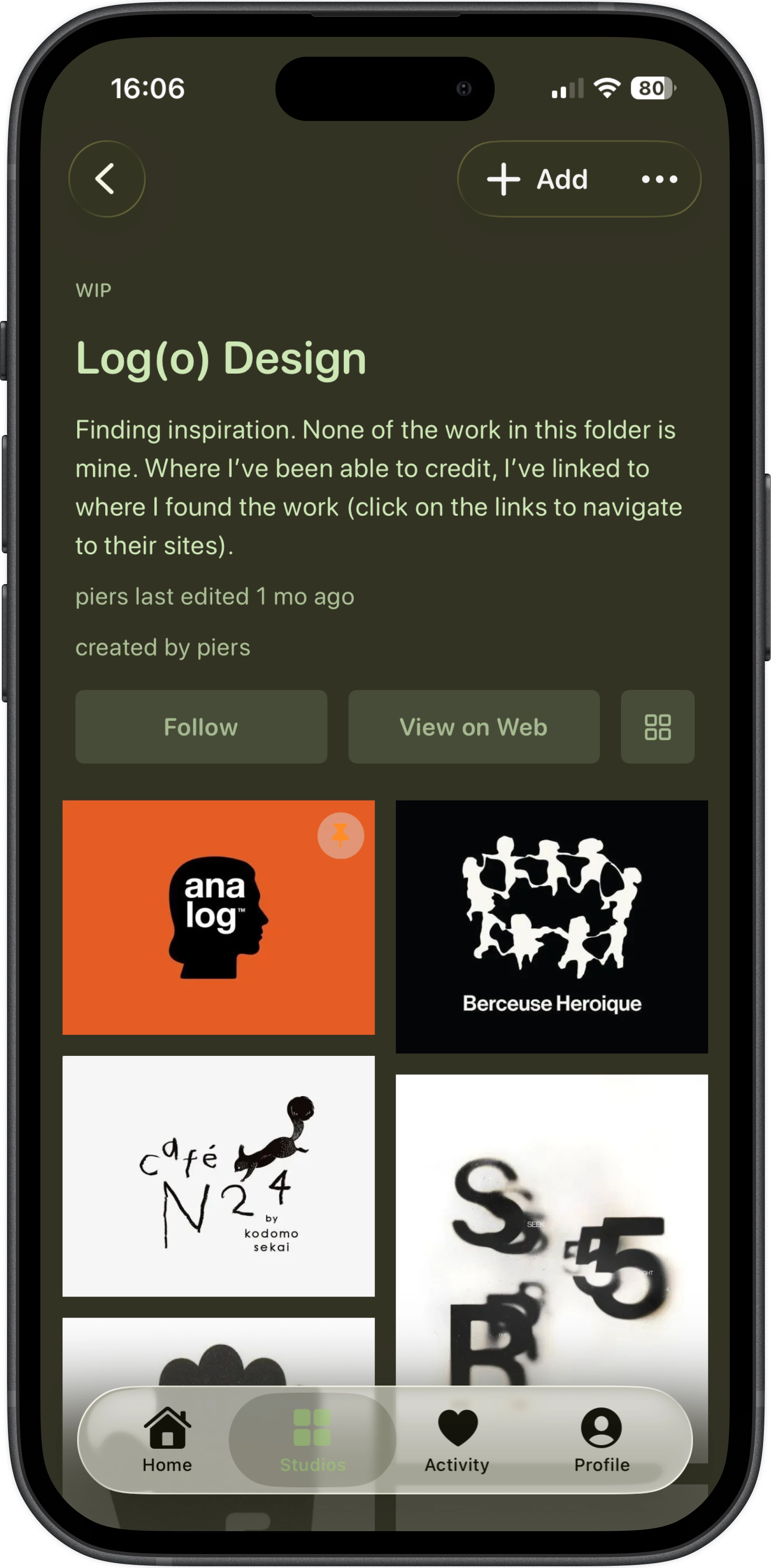Studio with image-led feed layout displaying logo design work in progress