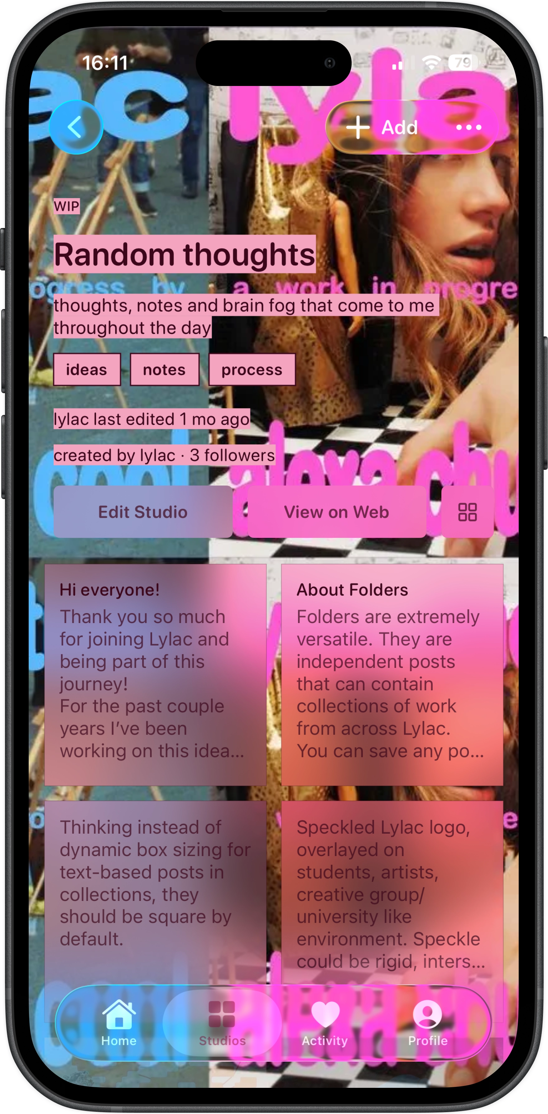 Studio with scrapbook-style layout displaying random thoughts and ideas